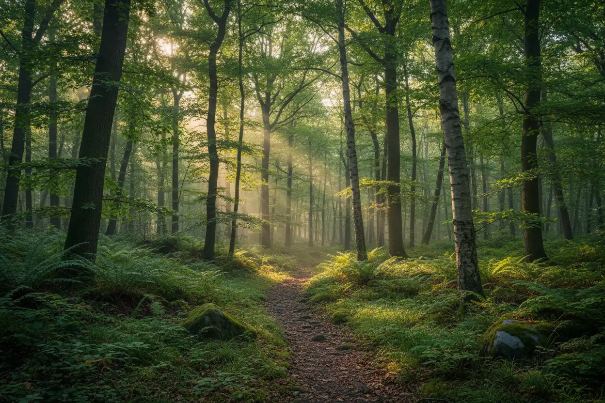 Forest path with moss-covered ground and sunlight filtering through trees.